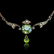 Load image into Gallery viewer, Antique Edwardian Peridot &amp; Pearl Necklace 9K Gold Art Nouveau c.1900
