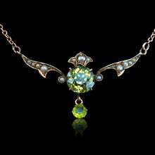 Load image into Gallery viewer, Antique Edwardian Peridot &amp; Pearl Necklace 9K Gold Art Nouveau c.1900
