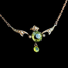 Load image into Gallery viewer, Antique Edwardian Peridot &amp; Pearl Necklace 9K Gold Art Nouveau c.1900
