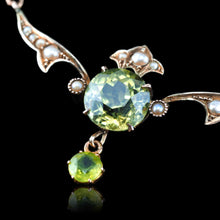 Load image into Gallery viewer, Antique Edwardian Peridot &amp; Pearl Necklace 9K Gold Art Nouveau c.1900
