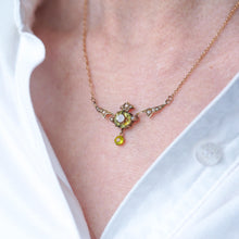 Load image into Gallery viewer, Antique Edwardian Peridot &amp; Pearl Necklace 9K Gold Art Nouveau c.1900
