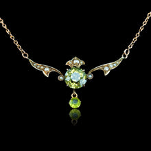 Load image into Gallery viewer, Antique Edwardian Peridot &amp; Pearl Necklace 9K Gold Art Nouveau c.1900
