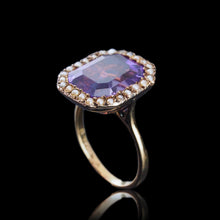 Load image into Gallery viewer, Antique Edwardian 18K Gold Amethyst &amp; Pearl Ring Emerald Cut - c.1900
