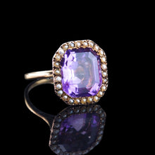Load image into Gallery viewer, Antique Edwardian 18K Gold Amethyst &amp; Pearl Ring Emerald Cut - c.1900
