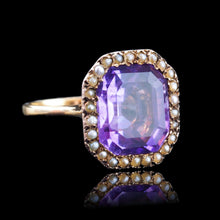 Load image into Gallery viewer, Antique Edwardian 18K Gold Amethyst &amp; Pearl Ring Emerald Cut - c.1900

