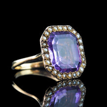Load image into Gallery viewer, Antique Edwardian 18K Gold Amethyst &amp; Pearl Ring Emerald Cut - c.1900
