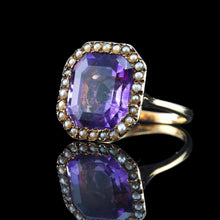 Load image into Gallery viewer, Antique Edwardian 18K Gold Amethyst &amp; Pearl Ring Emerald Cut - c.1900
