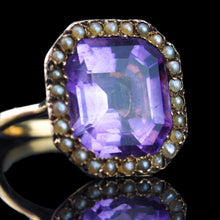 Load image into Gallery viewer, Antique Edwardian 18K Gold Amethyst &amp; Pearl Ring Emerald Cut - c.1900
