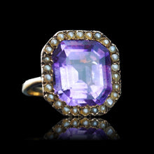 Load image into Gallery viewer, Antique Edwardian 18K Gold Amethyst &amp; Pearl Ring Emerald Cut - c.1900
