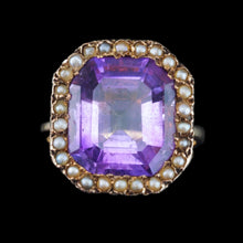 Load image into Gallery viewer, Antique Edwardian 18K Gold Amethyst &amp; Pearl Ring Emerald Cut - c.1900
