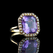 Load image into Gallery viewer, Antique Edwardian 18K Gold Amethyst &amp; Pearl Ring Emerald Cut - c.1900
