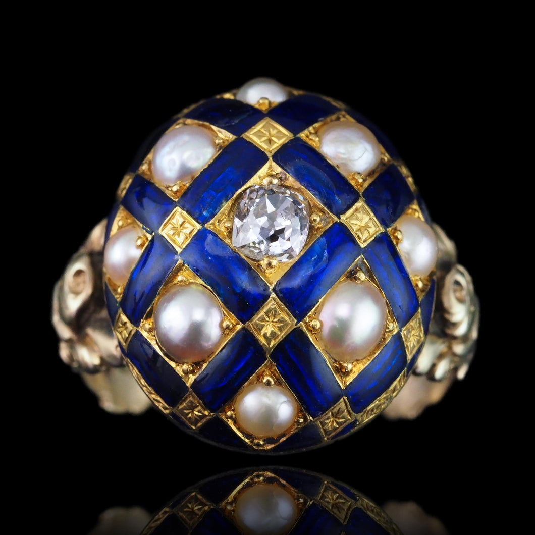 Antique Victorian Blue Enamel, Diamond & Pearl Ring 14K Gold - c.1860