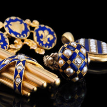 Load image into Gallery viewer, Antique Victorian Blue Enamel, Diamond &amp; Pearl Ring 14K Gold - c.1860
