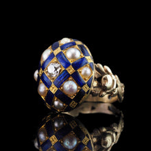 Load image into Gallery viewer, Antique Victorian Blue Enamel, Diamond &amp; Pearl Ring 14K Gold - c.1860
