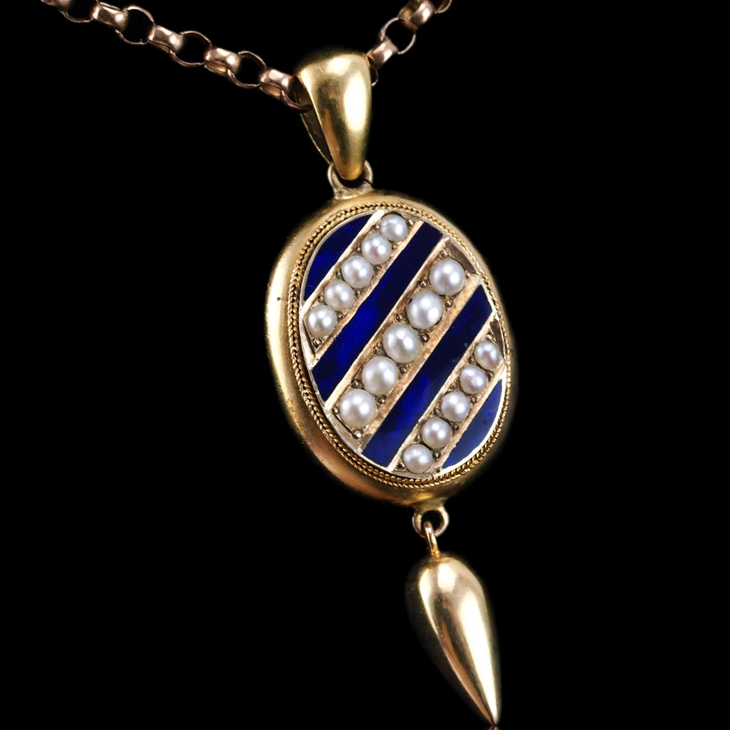 Antique Victorian 15K Gold Blue Enamel & Pearl Pendant Locket Necklace - c.1880