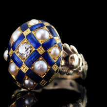 Load image into Gallery viewer, Antique Victorian Blue Enamel, Diamond &amp; Pearl Ring 14K Gold - c.1860
