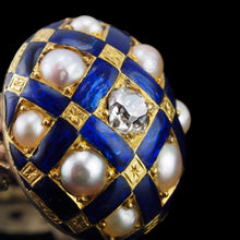 Load image into Gallery viewer, Antique Victorian Blue Enamel, Diamond &amp; Pearl Ring 14K Gold - c.1860
