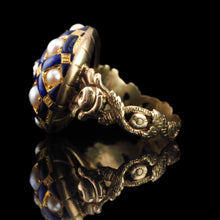 Load image into Gallery viewer, Antique Victorian Blue Enamel, Diamond &amp; Pearl Ring 14K Gold - c.1860
