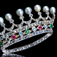 Load image into Gallery viewer, Antique French Ruby, Emerald, Diamond Pearl Crown Coronet Brooch 18K Gold c.1900

