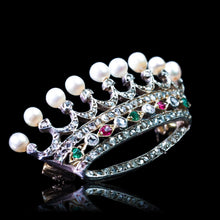 Load image into Gallery viewer, Antique French Ruby, Emerald, Diamond Pearl Crown Coronet Brooch 18K Gold c.1900
