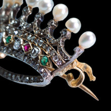 Load image into Gallery viewer, Antique French Ruby, Emerald, Diamond Pearl Crown Coronet Brooch 18K Gold c.1900
