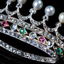 Load image into Gallery viewer, Antique French Ruby, Emerald, Diamond Pearl Crown Coronet Brooch 18K Gold c.1900
