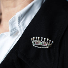 Load image into Gallery viewer, Antique French Ruby, Emerald, Diamond Pearl Crown Coronet Brooch 18K Gold c.1900
