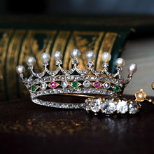 Load image into Gallery viewer, Antique French Ruby, Emerald, Diamond Pearl Crown Coronet Brooch 18K Gold c.1900
