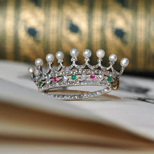 Load image into Gallery viewer, Antique French Ruby, Emerald, Diamond Pearl Crown Coronet Brooch 18K Gold c.1900
