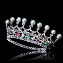 Load image into Gallery viewer, Antique French Ruby, Emerald, Diamond Pearl Crown Coronet Brooch 18K Gold c.1900
