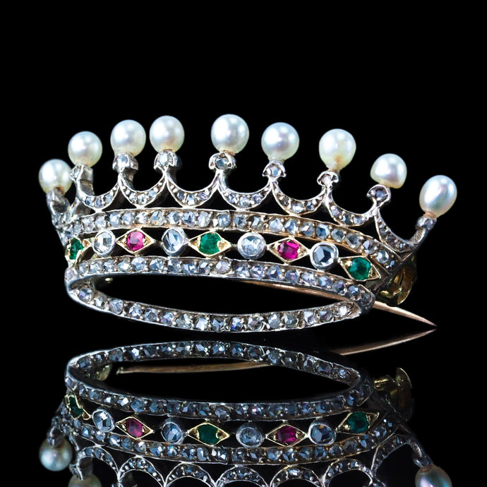 Antique French Ruby, Emerald, Diamond Pearl Crown Coronet Brooch 18K Gold c.1900