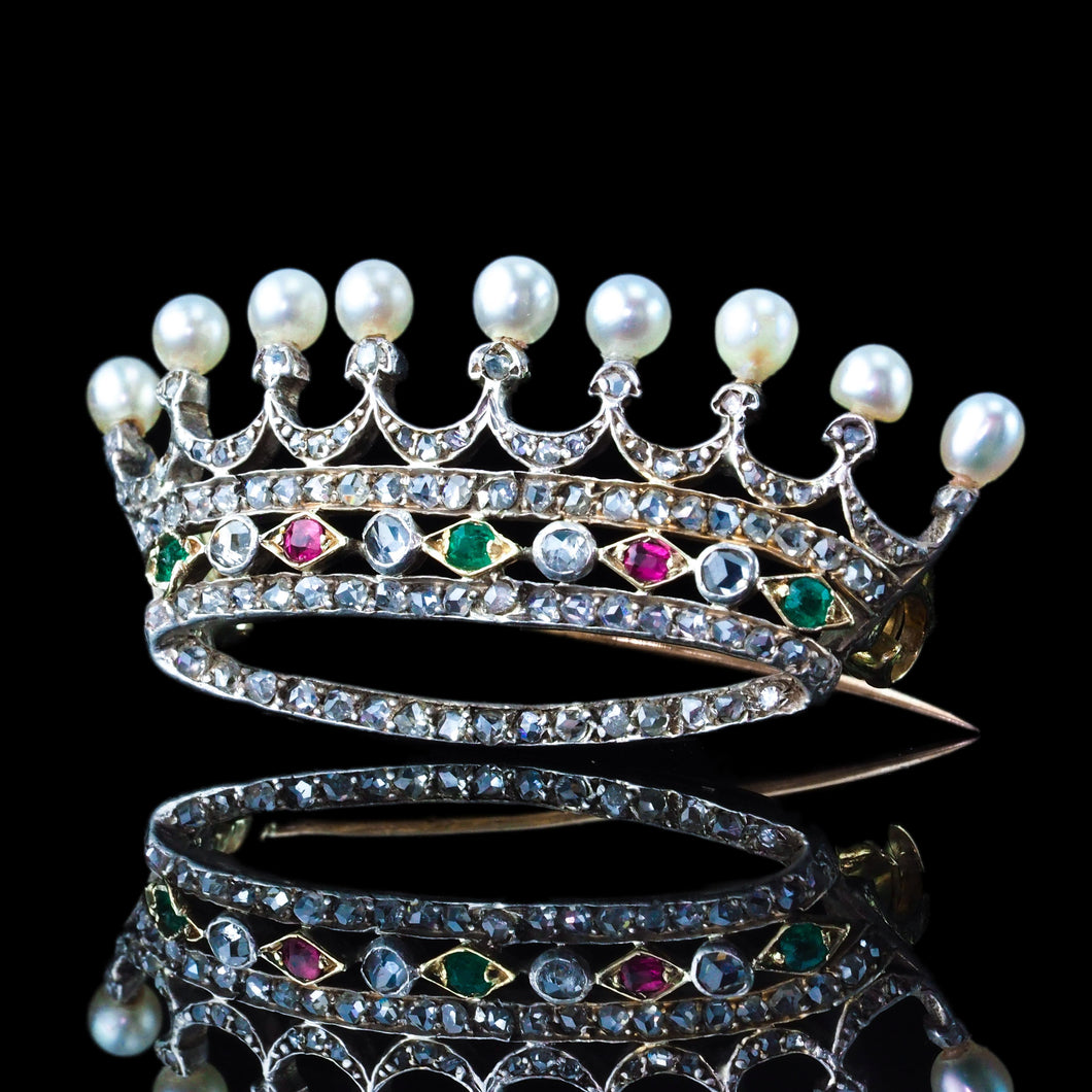 Antique French Ruby, Emerald, Diamond Pearl Crown Coronet Brooch 18K Gold c.1900