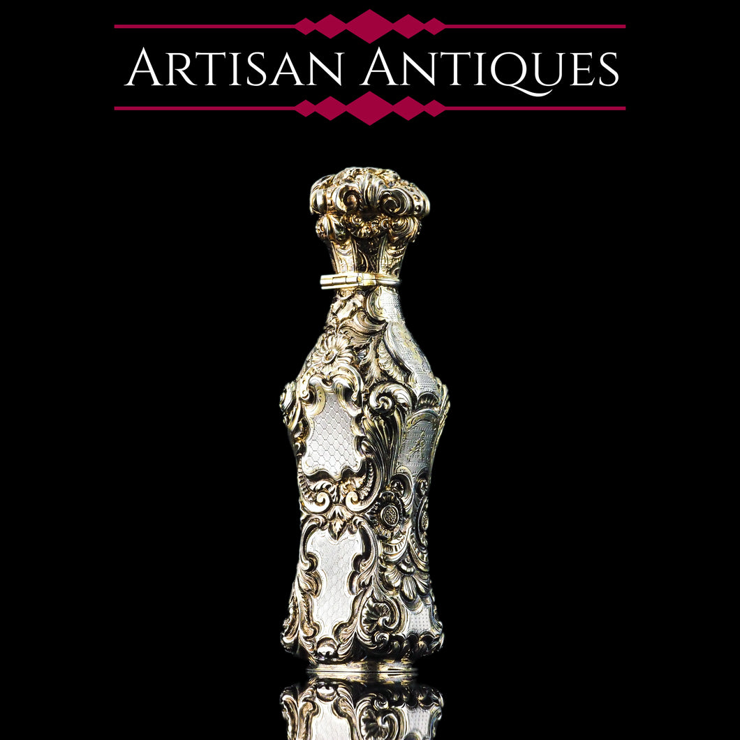 Antique French Parcel-Gilt Silver Scent Bottle/Flask with Ornate Decorations - 19th c.