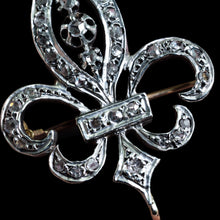 Load image into Gallery viewer, Antique French Fleur de Lys Diamond Brooch 18K Gold/Silver Setting c.1900
