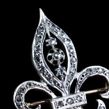 Load image into Gallery viewer, Antique French Fleur de Lys Diamond Brooch 18K Gold/Silver Setting c.1900
