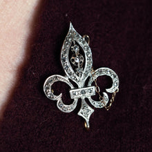 Load image into Gallery viewer, Antique French Fleur de Lys Diamond Brooch 18K Gold/Silver Setting c.1900
