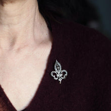 Load image into Gallery viewer, Antique French Fleur de Lys Diamond Brooch 18K Gold/Silver Setting c.1900
