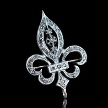 Load image into Gallery viewer, Antique French Fleur de Lys Diamond Brooch 18K Gold/Silver Setting c.1900
