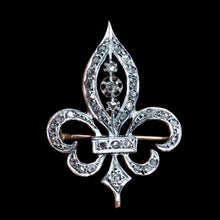 Load image into Gallery viewer, Antique French Fleur de Lys Diamond Brooch 18K Gold/Silver Setting c.1900
