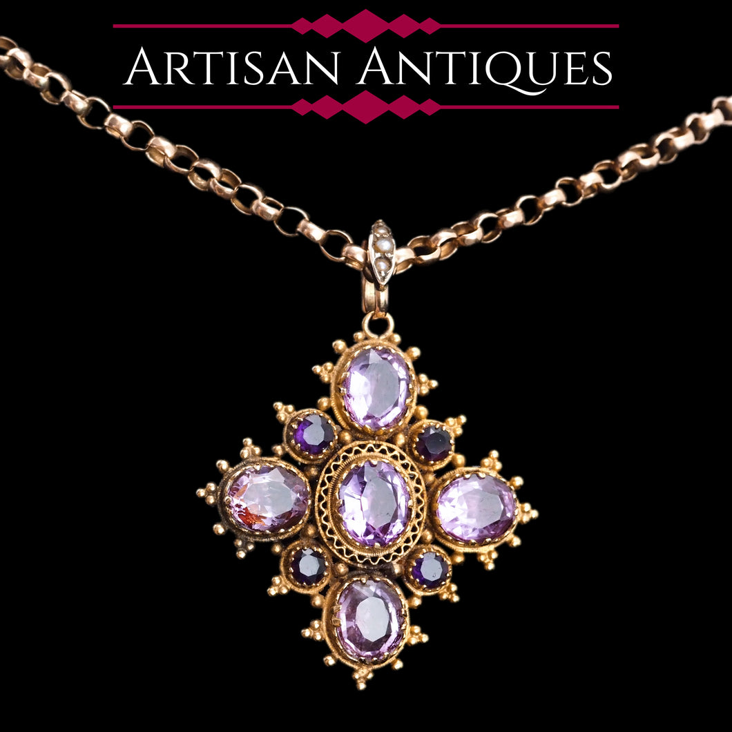 Antique Georgian 18ct Gold Amethyst Pendant Necklace Cannetille - c.1820