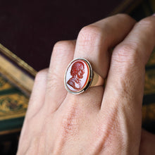 Load image into Gallery viewer, Antique 18K Gold Carnelian Intaglio Ring, Side Profile Gentleman - 19th century.
