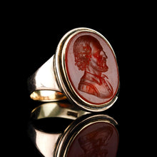 Load image into Gallery viewer, Antique 18K Gold Carnelian Intaglio Ring, Side Profile Gentleman - 19th century.
