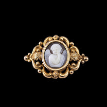 Load image into Gallery viewer, Antique Victorian Cherub Cameo Brooch 18K Gold Ornate Frame - c.1860
