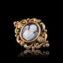 Load image into Gallery viewer, Antique Victorian Cherub Cameo Brooch 18K Gold Ornate Frame - c.1860
