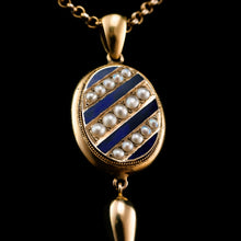 Load image into Gallery viewer, Antique Victorian 15K Gold Blue Enamel &amp; Pearl Pendant Locket Necklace - c.1880

