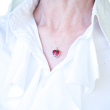 Load image into Gallery viewer, Antique Victorian Puffy Heart Pendant Necklace Red &amp; White Enamel 9K - c.1900
