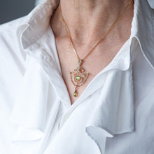 Load image into Gallery viewer, Antique Edwardian Peridot &amp; Seed Pearl Pendant Necklace 9K Gold - 1909
