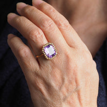 Load image into Gallery viewer, Antique Edwardian 18K Gold Amethyst &amp; Pearl Ring Emerald Cut - c.1900
