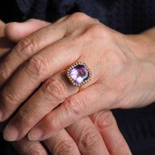 Load image into Gallery viewer, Antique Edwardian 18K Gold Amethyst &amp; Pearl Ring Emerald Cut - c.1900

