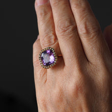 Load image into Gallery viewer, Antique Edwardian 18K Gold Amethyst &amp; Pearl Ring Emerald Cut - c.1900
